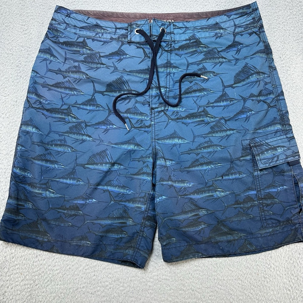NAUTICA Boardshorts Men's 36 Blue Swim Trunks Marlin AOP Drawstring Surfing Y2K